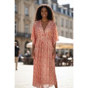 La Plage Jaipur Maxi Dress Women's Size S Red Print Kimono Sleeve V‎ Neck